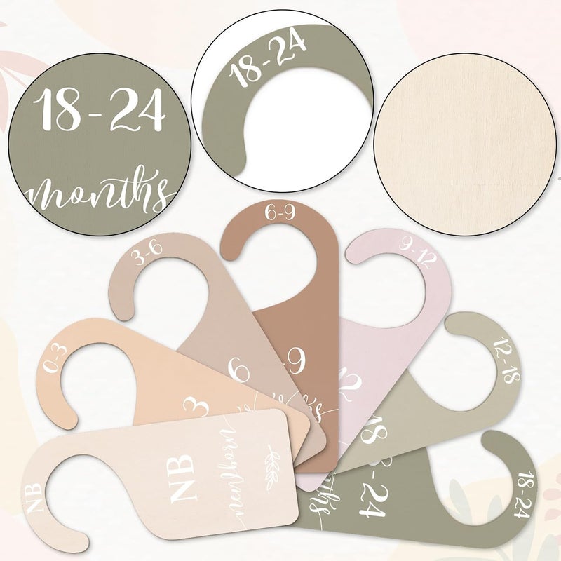 Whaline 7Pcs Earth Tone Wood Baby Closet Size Dividers with Velvet Bag Newborn to 24 Month Thicken Infant Wardrobe Hanger Organizers for Home Nursery Party Favors Supplies - Image 3